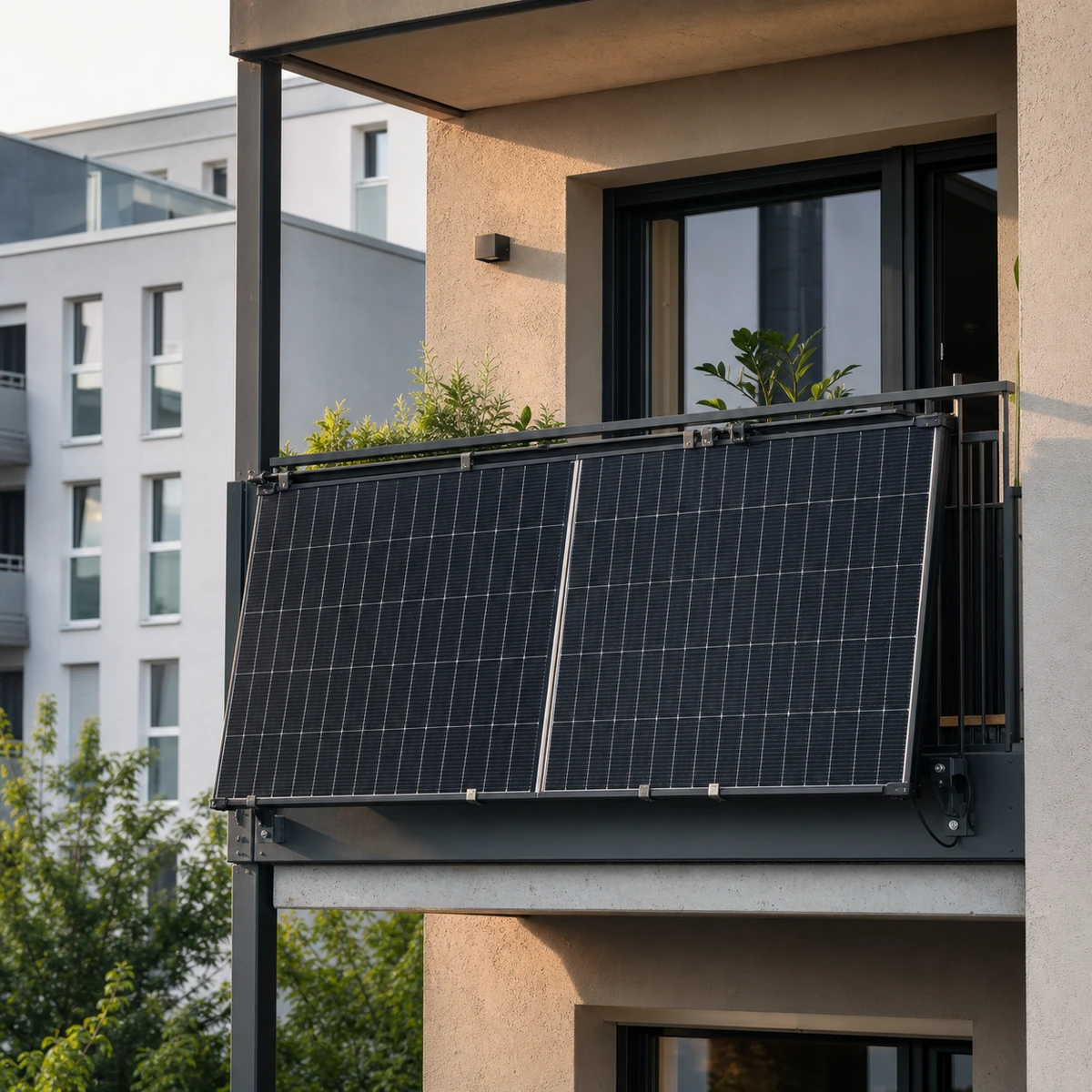 Zwei Solarmodule an einem modernen Balkongel&auml;nder