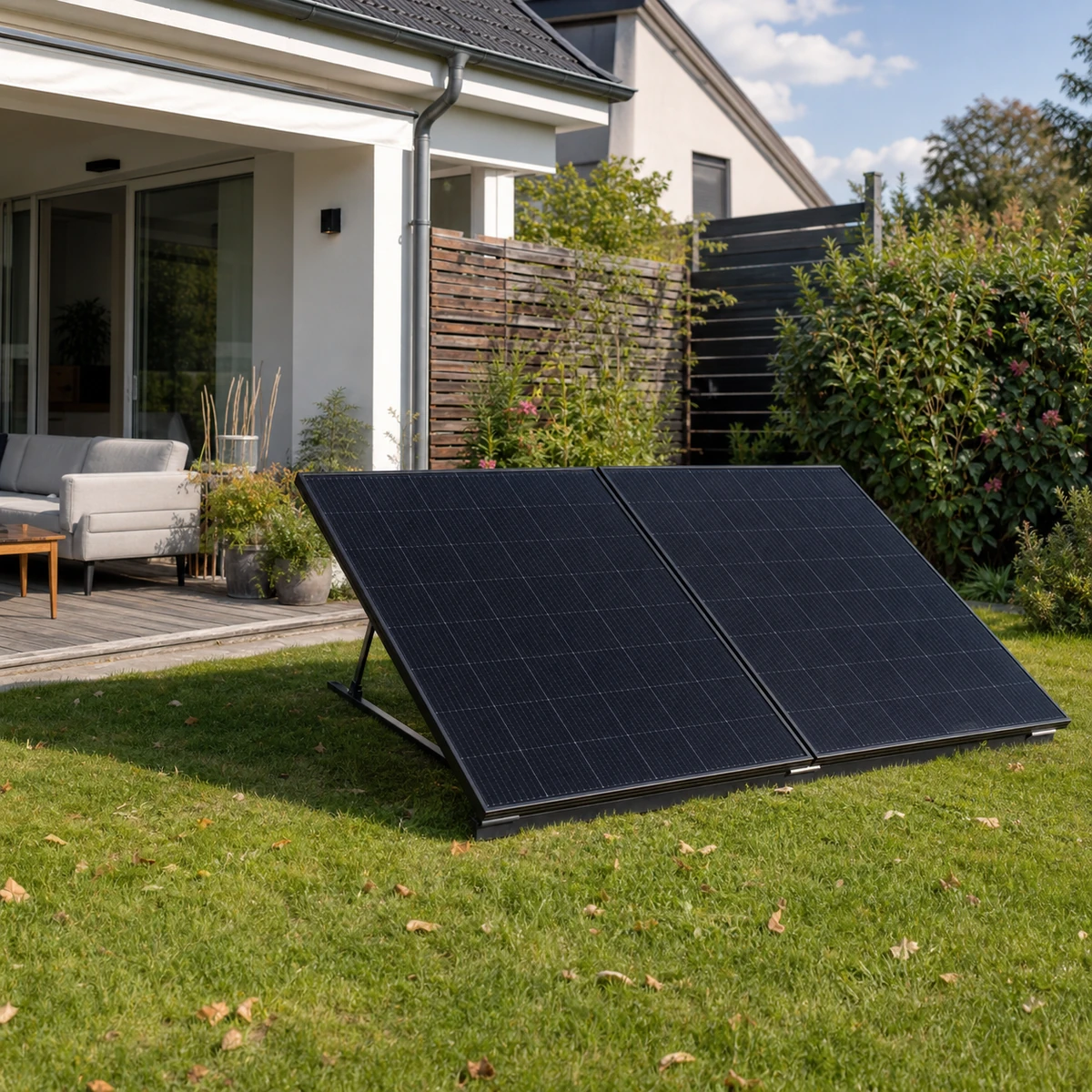 Zwei aufgest&auml;nderte Solarmodule in einem Garten